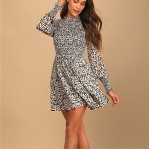 Lulu’s Floral Forever Navy Blue Floral Print Smocked Skater Dress
